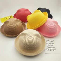 s Cute Cat Ear Breathable Curved Brim Children's Summer Protection Caps Girl Cap Sun Beach Trave Paper Straw Hat P230424