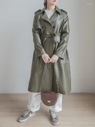 Women's Leather 2023 Women Loose Fit Long Natural Trench Coat Double Breasted Belted Female Military Style Sheepskin Genuine Jac