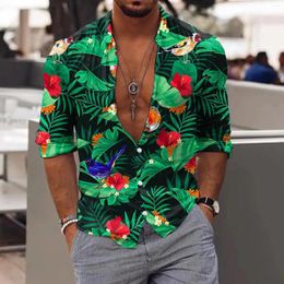 Men's Casual Shirts 2024 Green Flower Shirt Men Hawaiian Lapel Long Sleeve Pattern Print Button Up Club Party Beach Streetwear