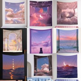 Tapestries Sea Outside The Window Tapestry Hippie Wall Hanging Starry Night Sky Moon Tapestries Psychedelic Wall Cloth Carpet Ceiling 231124