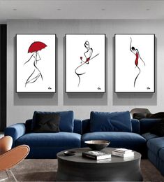 3pcsset Modern Abstract Minimalist Art Print BlackWhiteRed Line Drawing Painting Dancing Women Wall Picture for bedroom living 4710713