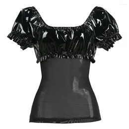 Women's T Shirts S-XXL Black PVC Latex Sexy Gothic Punk Exotic Faux Leather Mesh Patchwork Short Sleeves Top Club Party Costume