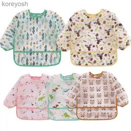 Bibs Burp Cloths Cartoon Bear Baby Bibs Waterproof Long Sleeve Apron Cute Elk Infant Eating Baby Stuff Children Dring Baby Self Feeding BibL231125