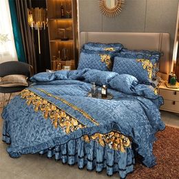 Bed Skirt RainFire 4 Pcs Thickened Duvet Cover Golden Spike Lace Bed Skirt Embroidery Solid Cotton Bed Spread Velvet Warmth Bed Spread Set 230424