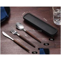 Flatware Sets Wooden Handle 304 Stainless Steel Cutlery Set With Box Sier Dinnerware Tableware Fork Knife Spoon Lx01471 Drop Deliver Dh6Yo