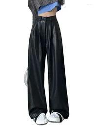 Women's Pants QOERLIN Soft PU Faxu Leather Black Brown Trousers Elastic High Waist Wide Leg Loose Casual Women Fashion
