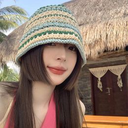 Wide Brim Hats Women's Crochet Straw Hat Breathable Colorful Anti-UV Sunshade Bucket For Outdoor Sports Hiking D88