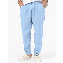 Men's Pants Vintage Classic Solid Colour Loose Cotton Linen Men Casual Drawstring Long Pant Beach Style Men's Straight Trousers
