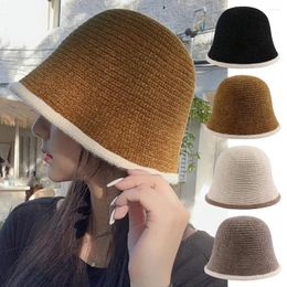 Berets Fall Winter Knitted Bucket Hat Simple Fashion Low Profile Soft Thickened Warm Cotton Women Girls Knitting Fisherman Cap