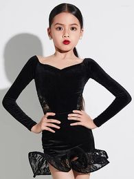 Stage Wear Latin Dance Dress Girls Long Sleeves Black Lace Cha Rumba Samba Performance Costume Practise Clothes DNV17854