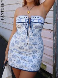 Two Piece Dress Fantoye Floral Printed Vacation Women Offshoulder Blue Metal Button Spring Skinny Elegant Outside Female Mini 2023 230425