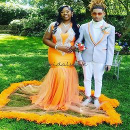 Plus Size Orange Feather Prom Dress For Black Girls Luxury Beaded Long Sleeve Birthday Evening Gowns Sexy V Neck Formal Occasion Graduation Party Dresses For Women