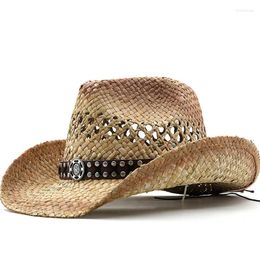 Berets Men Women's Summer Classic Western Cowboy Straw Hat Raffia Hollow With Punk Rope Women Wide Curling Brim Cap