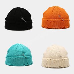 New Winter Harajuku Beanies Knitted Hat Women Fashion Warm Thick Gorro Men Hip Hop Pin Hole Skullcap Short Hat Unisex Basic Cap