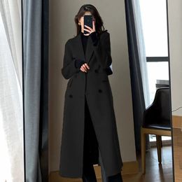 Women's Wool Blends Fashion Winter Trench Coat For Women Elegant Korean Casual Doublebreasted Long Jacket Black Office Lady Loose Outwear 231124