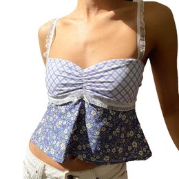Women's Tanks Cami Plaid Floral Print Vest Lace Trim Sleeveless Sling Summer Slim Fit Crop Tops Streetwear 230425