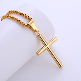 Women Mens Smooth Cross Pendant Necklace Simple Fashion Gold Stainless Steel Box Rolo Chain Jewellery for Friends Boyfriends Girlfriends Gifts