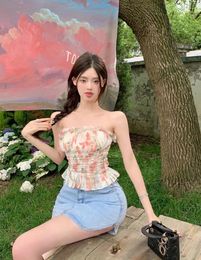 Women's Blouses Edible Tree Ruffle Crop Top Sleeveless Hollow Shoulder Fashion Shirt Blouse Elegant 2023 Stylish Korean Tube Tank