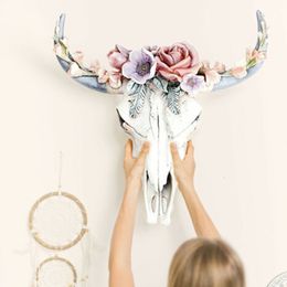 Decorative Objects Figurines Resin Succulents Cow Skull Wall Pendant Flower Rose White Ox Head European American Home Garden Decorations 230425