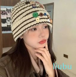 Stripe Colour button knitted wool hat winter big head circumference women fashion hat simple soft warm cold hat