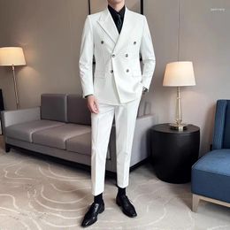Men's Suits 2023 Men Pure Colour Double Breasted Suit 2 Piece Black White Business Social Wedding Party Dress Blazer And Pant