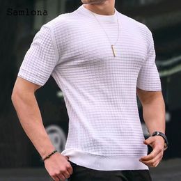 Men's T-Shirts Solid Knitting T-shirt Men Short Sleeve Ruched Plaid Tops Sexy Mens clothing Summer Casual Pullovers Oversized Tees 230425