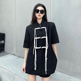 Women's Suits Foufurieux Women Black Buckle Oversized Blazer Stand Collar Long Sleeve Loose Fit Shirt Fashion Tide Spring Summer 2023 No