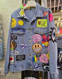 Women's Jackets Women's street in spring and summer INS punk cartoon personality patch wash denim jacket coat 230425