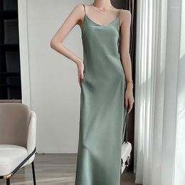 Casual Dresses Tri-Acetate Satin Silky V-Neck Temperament Female Summer Beautiful Silk Suspender Dress 2023 Long Skirt Is Thin