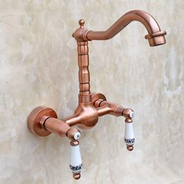 Kitchen Faucets Antique Red Copper Wall Mount Sink Faucet Swivel Spout Mixer Tap Dual Ceramics Handles Levers Arg032