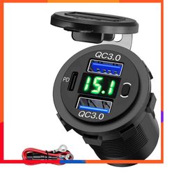 New Dual 18W QC3.0 ports and 20W PD Type-C car charger socket voltage switch car USB port for car marine truck Golf RV