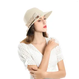 Berets Women Spring Summer Folding Bucket Hat For Beach Holiday Lady Solid Colour Sun Protection Straw Cap Elegant Bowler With Bow Tie