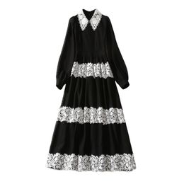 Autumn Black Contrast Colour Panelled Lace Dress Long Sleeve Lapel Neck Midi Casual Dresses S3O141011