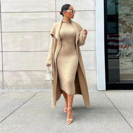 Work Dresses Women's Round Neck Dress Cardigan Loose Long Coat Two Piece Solid Color Autumn And Winter Casual Suit Home Clothing