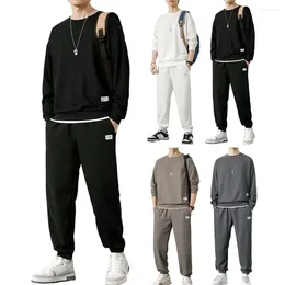 Men's Tracksuits Long-sleeved Tops Pants Set Waffle Texture O-neck Long Sleeve With Elastic Waist Pockets Sweatpants Solid For Spring