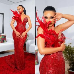 Aso Ebi Red Carpet Luxurious Feather Mermaid Prom Dresses Beaded Evening Birthday Party Second Reception Dress African Arabic Nigeria Dress Engagement Gowns ST308