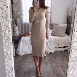 Casual Dresses Elegant Autumn Knitted Sweater Dress 2023 Fashion Round Neck Robe Midi Black Slim Sexy Bodycon Package Hip Vestidos