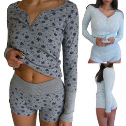 Women's Tracksuit's Spring Summer 2Pcs Outfit Sets Long Sleeve V Neck Floral Tops Elastic Band Button Shorts 230425