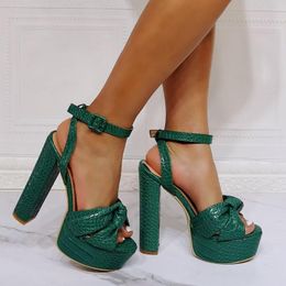 Sandals Embossed Leather Green Knotted Peep Toe Platform Square High Heeled Sandalias Femininas Nightclub Party Shoes Female