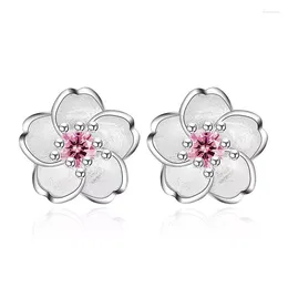 Stud Earrings Cherry Flower Blossoms Crystal Silver Color Ear Studs Women's Fine Jewelry Mother's Day Birthday Gift