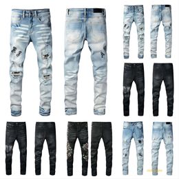 designer mens purple jeans denim embroidery pants fashion holes trouser hip hop distressed zipper black jeans for man skinny stretch jeans