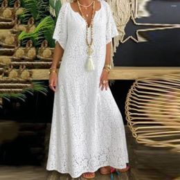Casual Dresses Summer Lady Party Dress Fashion Women Embroidery V Neck Lace Maxi Elegant Half Sleeve Holiday Beach Mid Waist