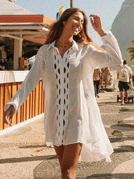 Women's Swimwear 2023 Women Beach Dress Solid Black White Lace Beachwear Sun Protection Clothes Knitted Swimsuits Cover Up Summer