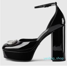 Platform heel sandals Designers shoes top quality rhinestone buckle Patent Leather Ankle Wrap shoe