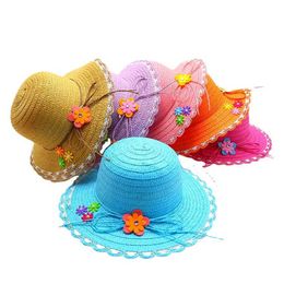 s Girls Beige Flower Wreath Straw Cap Wide Wavy Brim Summer UV Protect Sunscreen Beach Hats 3-8 Years P230424