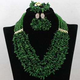 Necklace Earrings Set Pretty 6 Layer Green Coral Beaded African Jewelry Nigerian Crystal Costume Gift Chunky CNR436