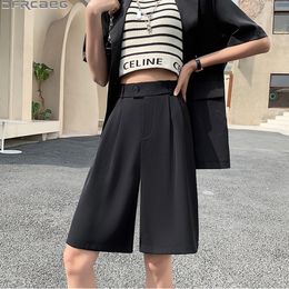 Women's Shorts Casual Loose Wide Leg Summer Women's Shorts Streetwear Elastic High Waist Midi Bermuda Femme Knee Length Black Short Pants 230425