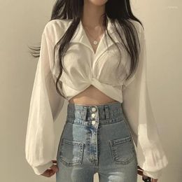 Women's Blouses Vintage Streetwear Harajuku Sexy Women Blouse Crop Top Korean Style Trends Black White Long Sleeve Shirt Female Tops