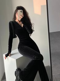 Women's Jumpsuits Rompers WOMENGAGA Fashion Black Velvet Ultra Thin Hooded Zipper Long Sleeve Flash Pants Jumpsuit Korean Sexy Top 9P64 230425