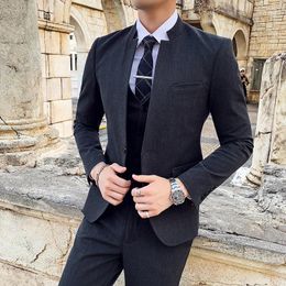 Men's Suits (Coat Trousers Vest) Stand Collar Fashion Trend Groomsman Slim 3 Pieces Blazers Jacket Waistcoat Set S-3XL